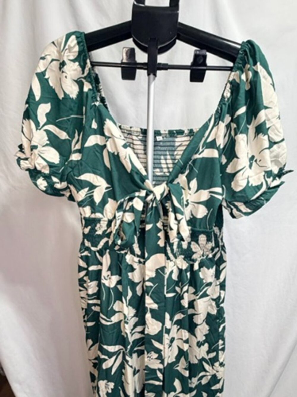 Tropical Floral Smocked Tie-Front Midi Dress XL Green White